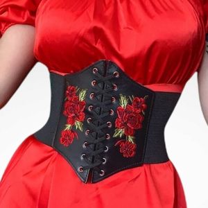 Plus size Black corset floral embroidered boho faux leather waist elastic belt